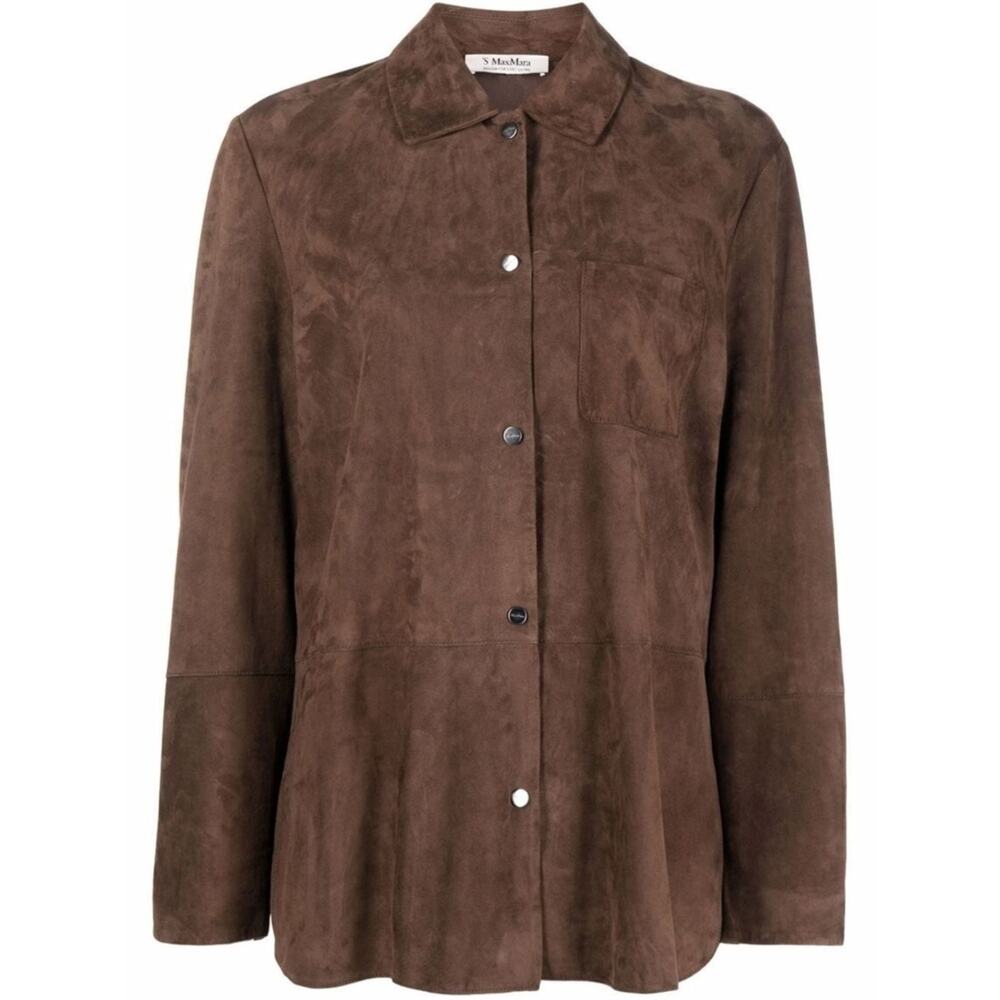 'S MAX MARA Esotico Brown Lamb Leather Suede Shirt Jacket Shacket Saks 4 38 $750 - Picture 3 of 13